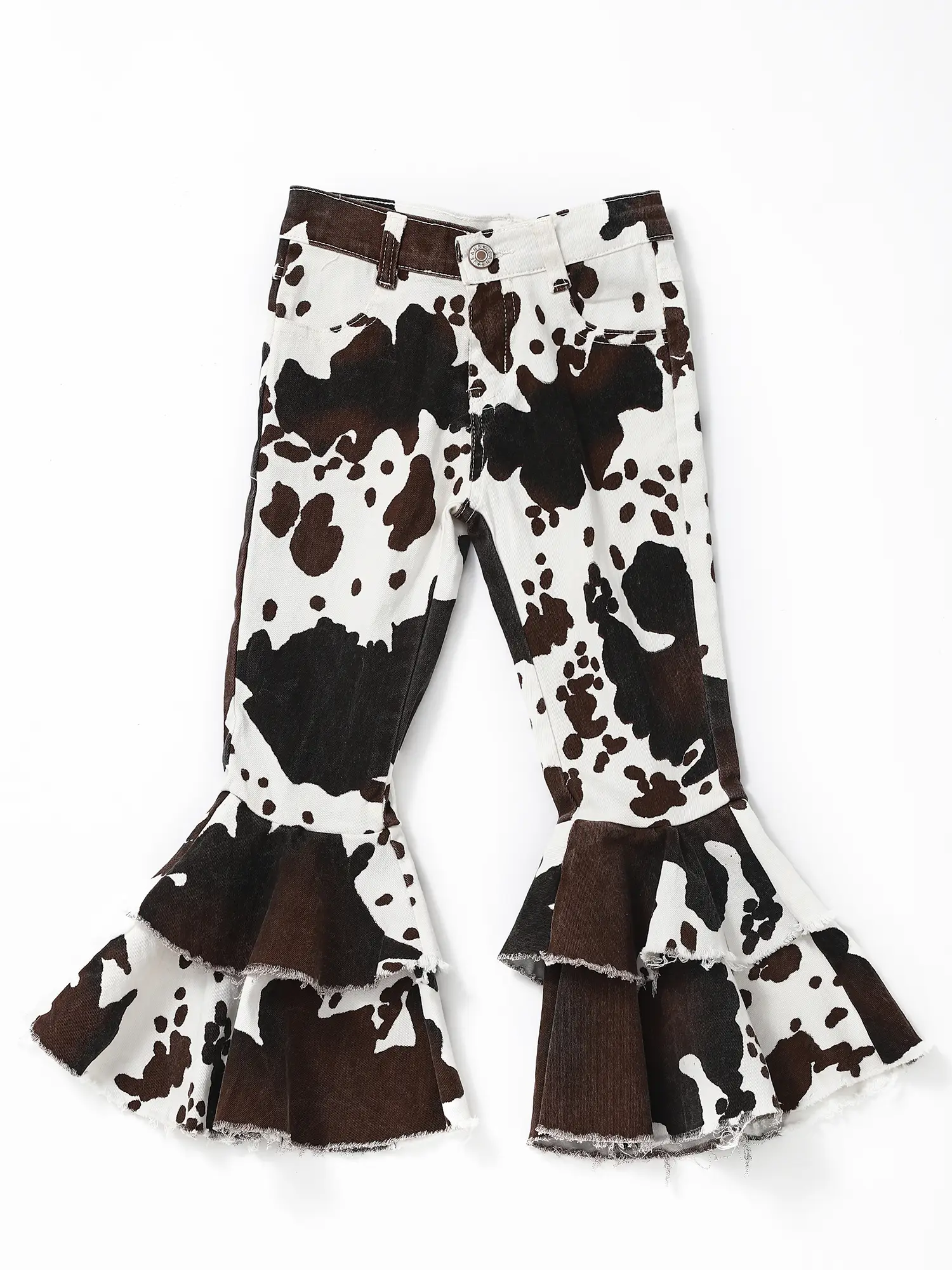 Girls Brown Cow Print Ruffle Bell Bottom Denim Pants