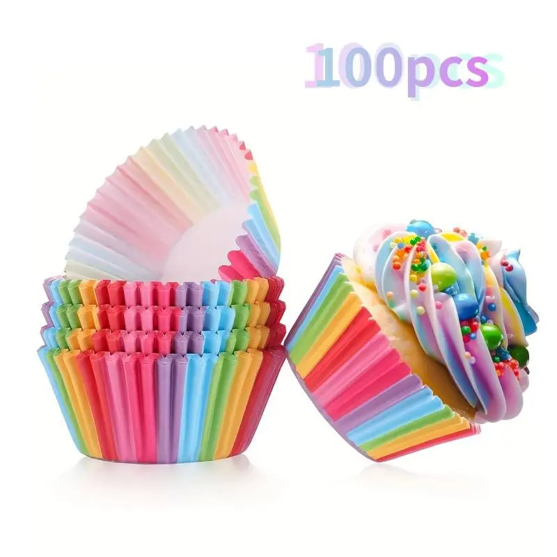 100pcs Colorful Cupcake Baking Liners, Standard Size Greaseproof Paper Cupcake Wraps, Ideal for Decorating Cupcakes, Vibrant Colors Perfect for Parties and Events, Premium Quality Culinary Bakeware, Cupcake Wrappers
