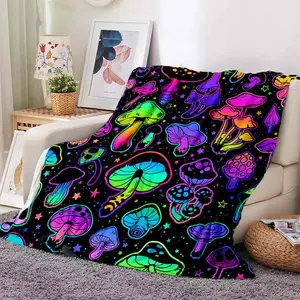 Neon Trippy Mushroom Flannel Blanket, Ultra-Soft Plush Throw with Vibrant Psychedelic Mushroom Print, Cozy Warm Fleece Blanket for Couch Bed, Perfect Gift for Hippie & Nature Lovers, All-Season Comfort