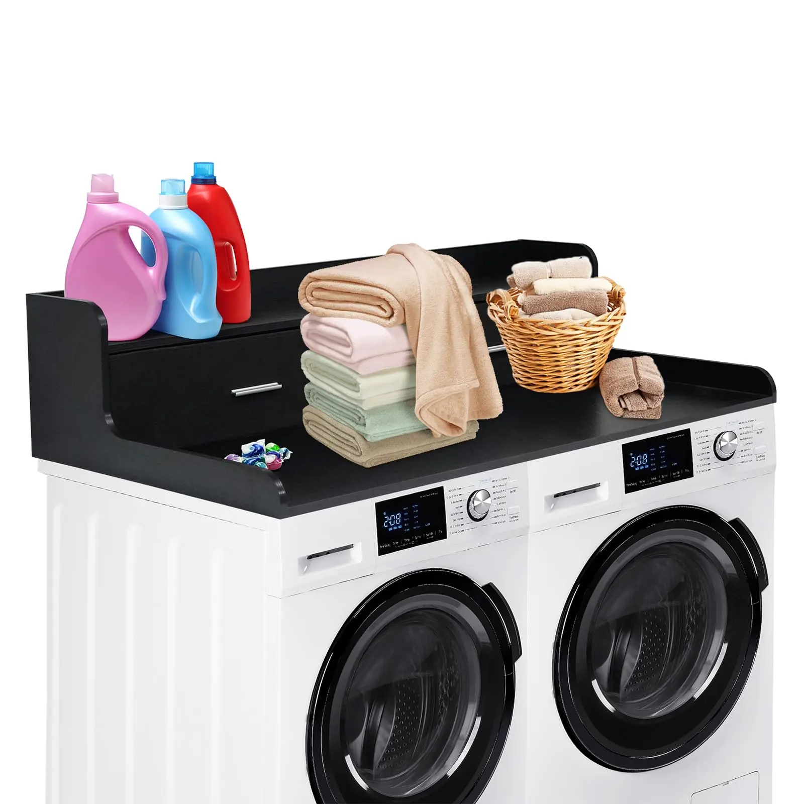 Garvee Washer Dryer Countertop with 2 Drawers, 54" x 27.55" 2-Tier Washer Dryer Topper with Edge for Laundry Room Organization and Storage