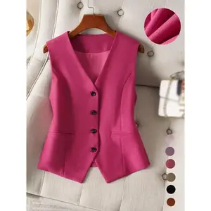 Women's Solid Button Front Fake Pocket Vest Blazer, Elegant V Neck Sleeveless Outerwear for Work Office Business, Ladies Spring & Fall Clothes（gift）