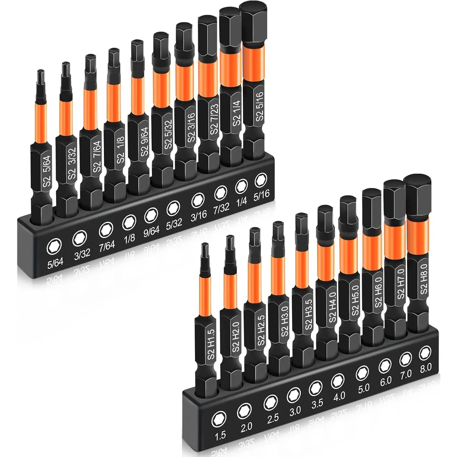 20 count  Hex Bit Set, Impact Allen Wrench Drill Bit Set (Metric&SAE), 1/4" Hex-Shank S2 Alloy Steel Key Drill Bit Set with , CNC Machined Tips, 2" Long with Storage Box