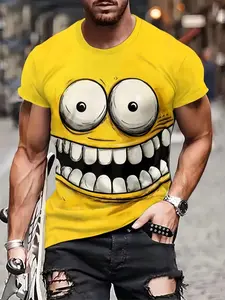 Men's Simple Short Sleeve T-Shirt, Crazy Minion Pattern Design, Casual Fitted Striped Tee for Daily Wear, Parties, Events