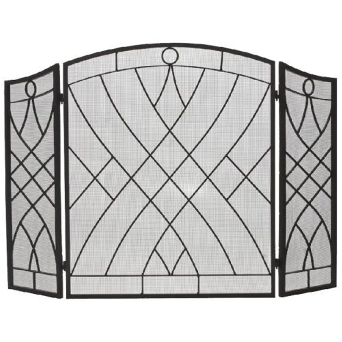 Black Wrought Iron Steel Frame 3-Fold Arched Shape Fireplace Room Divider - 51.5" x 34", Weave Design Wire Mesh Screen, Sparks Protection, Foldable