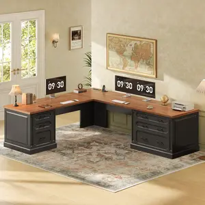 SEDETA Farmhouse 78.7" Executive L Shaped Desk with 6 Drawers, Home Office Desk with Power Outlet, File Cabinet Storage, Wood Corner Computer Desk for Work and Study