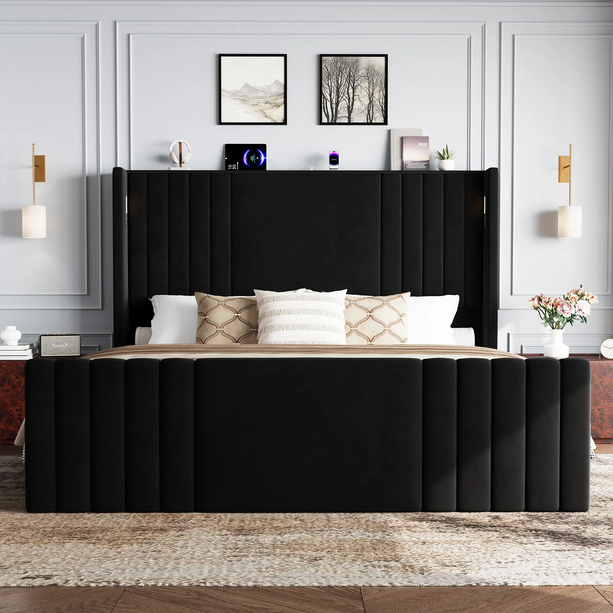 Belffin King Size Bed Frame with 55.1" Tall Headboard, Velvet Upholstered Platform Bed with Channel Tufted Wingback, 2 Reading Lights/Storage Shelf/Charging Station/Easy Assembly/Noise-Free, Black