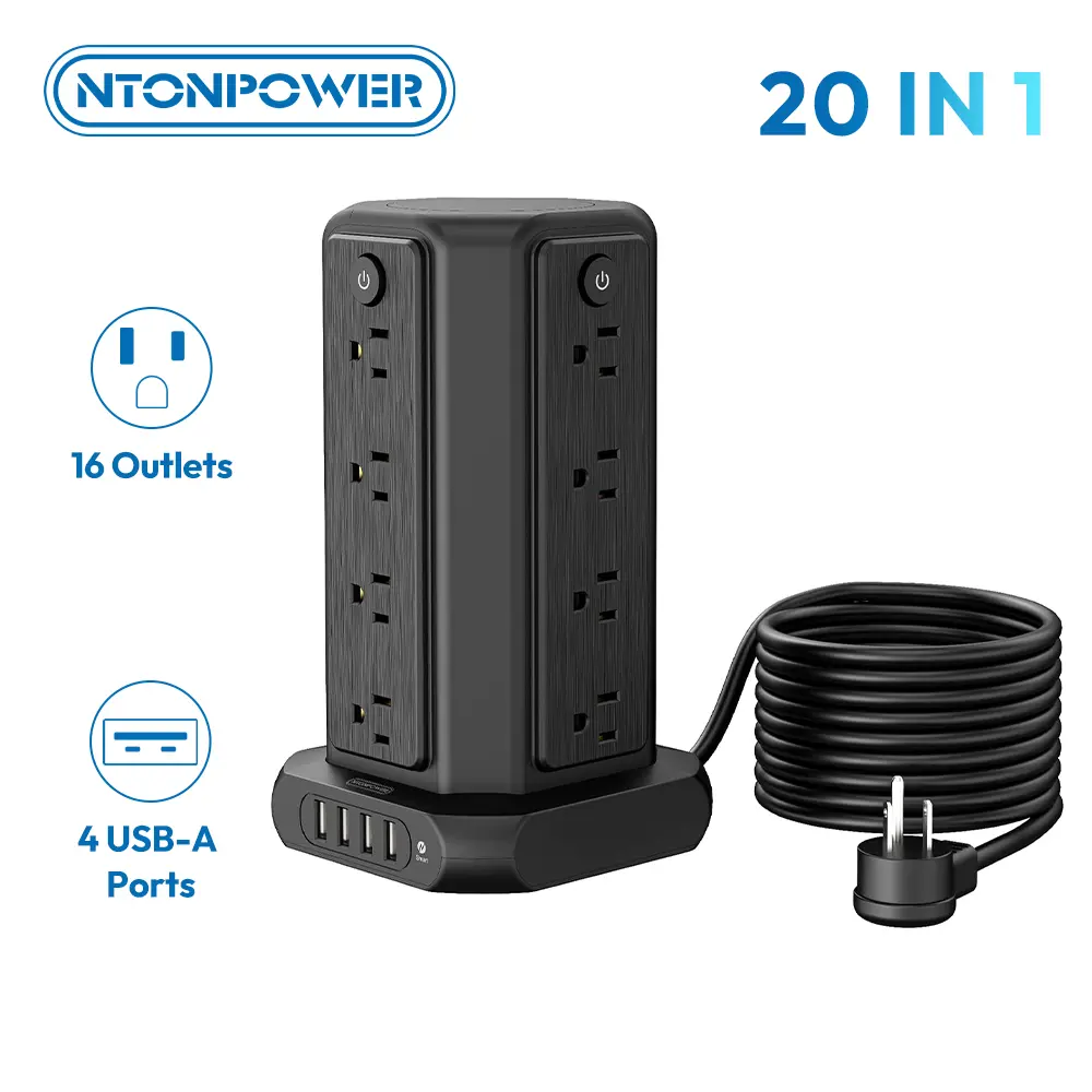 Surge Protector Power Strip Tower with USB Ports, 15 FT Extension Cord Tower with 16 Widely Spaced Outlets 4 USB Ports, 1080 Joules, Overload Protection, Flat Plug Power Strip for Home, Office, Black backtoschool,home decor