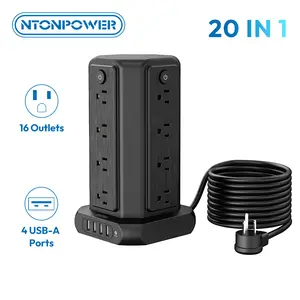 Surge Protector Power Strip Tower with USB Ports, 15 FT Extension Cord Tower with 16 Widely Spaced Outlets 4 USB Ports, 1080 Joules, Overload Protection, Flat Plug Power Strip for Home, Office, Black