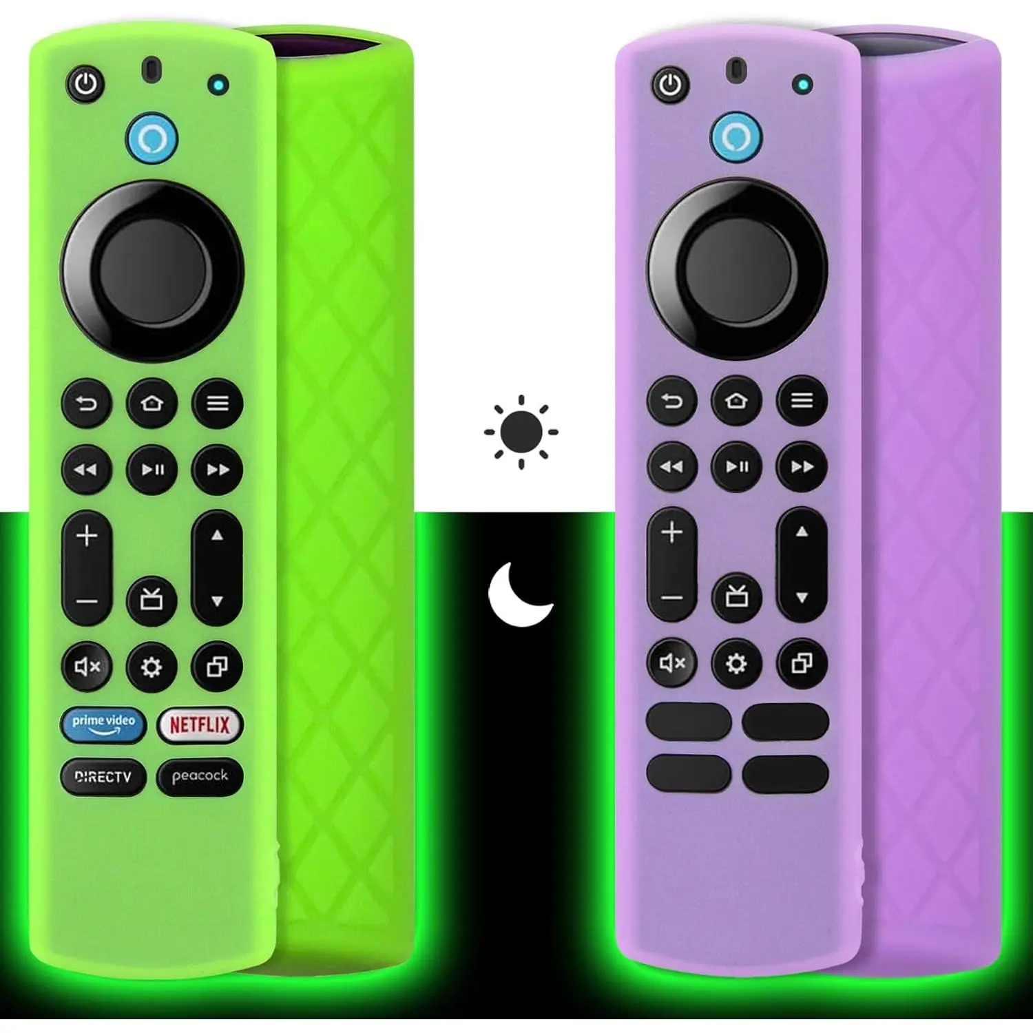 F-RDC02  Silicone Remote Case (2pcs) for Fire TV Stick 4K Max/Insignia/Pioneer/Omni Series Fire TV Alexa Voice Remote Enhanced w/Lanyard (Green and Purple, Both Glow)
