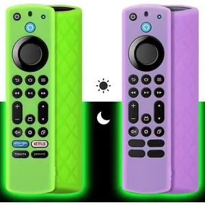F-RDC02  Silicone Remote Case (2pcs) for Fire TV Stick 4K Max/Insignia/Pioneer/Omni Series Fire TV Alexa Voice Remote Enhanced w/Lanyard (Green and Purple, Both Glow)