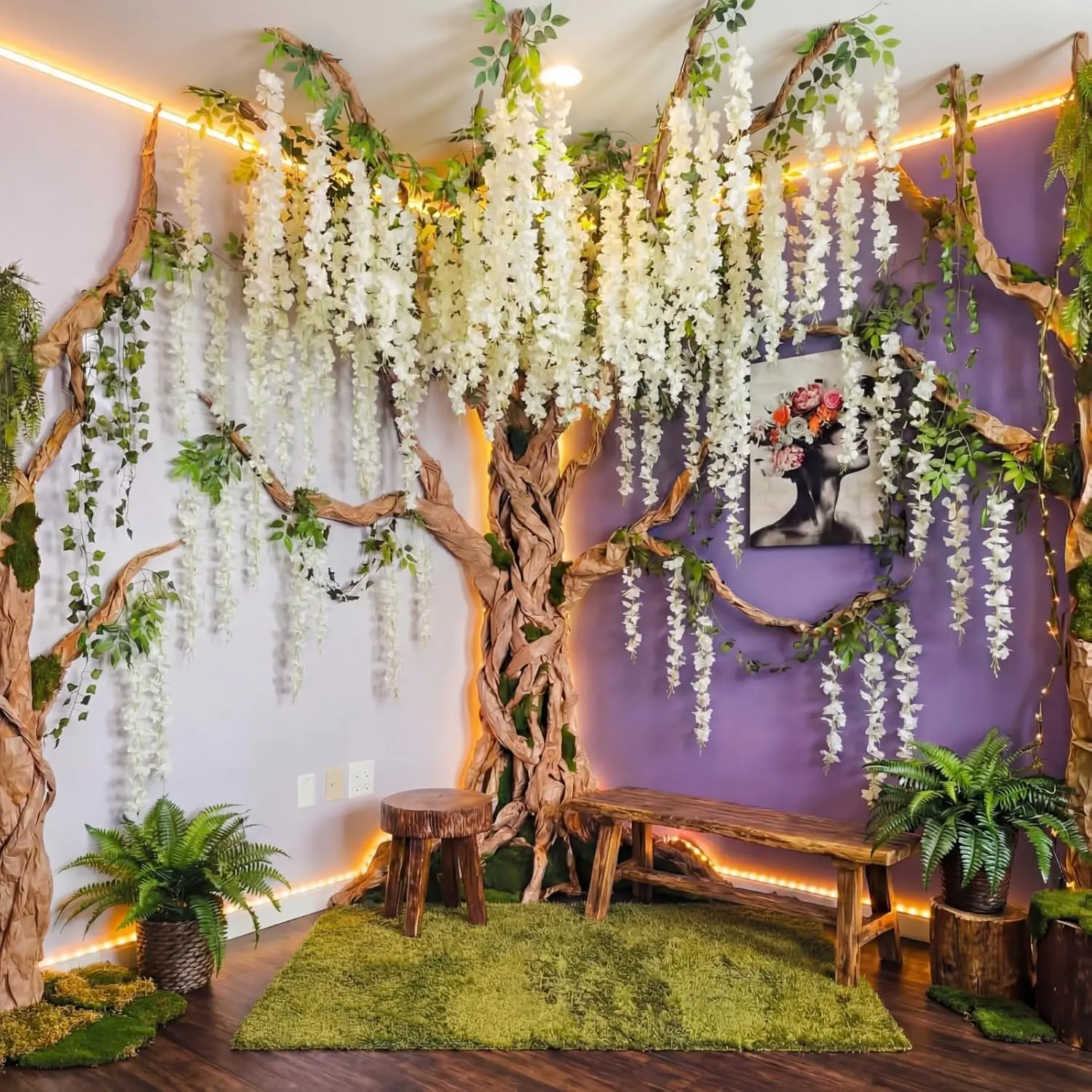 XunYee 3D Wisteria Tree Wall Decor - Decorative DIY Cardboard Paper Tree with Silk Fake Wisteria Vines, Green Kraft Paper Fairy Ornaments for Room, Wedding Hanging Ceiling Bulletin Board Supplies
