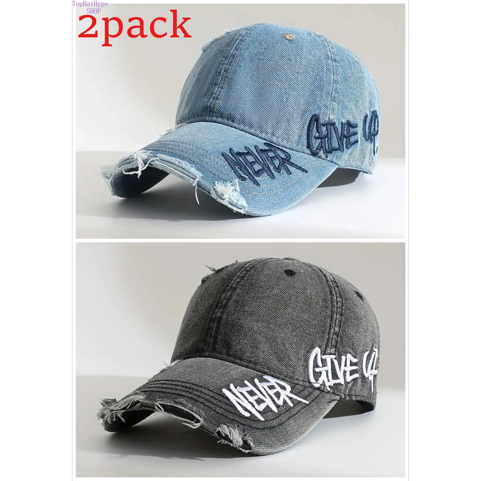 Two-pack of women's hats, stylish retro washed and distressed blue baseball caps, with vintage lettering embroidery on the sides, frayed brim, simple wide brim that shows off the face, windproof hiking hats, unisex and versatile style, adjustable size.,su