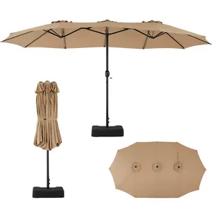 【With Base & Sandbags】15ft Large Outdoor Patio Umbrella, Heavy Duty 3-Head Triple Canopy with 12 Ribs, UV50+ Waterproof Shade