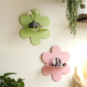 1pc/2pcs Floral-shaped Wall Shelves, Green and Pink Flower-designed Shelves, Decorative Wall Mounted Shelves for Home, Living Room, Plant and Crystal Display Shelves, Wall Mounted Organizer, Wooden Wall Shelf, Wooden Wall Rack