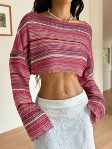 Women's Textured Casual Loose Fit Beach Vacation Colorful Crochet Striped Bell Sleeve Long Sleeve T-Shirt, Spring Summer New Arrival