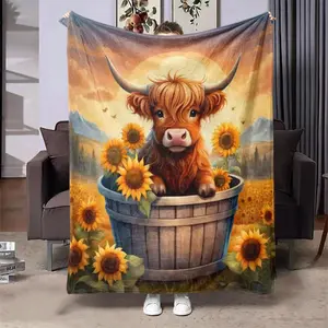 Sunflower Highland Cattle Pattern Blanket, Soft Comfortable Throw Blanket, Warm Napping Blanket for Home Office Travel Camping, Cow Pattern Blanket