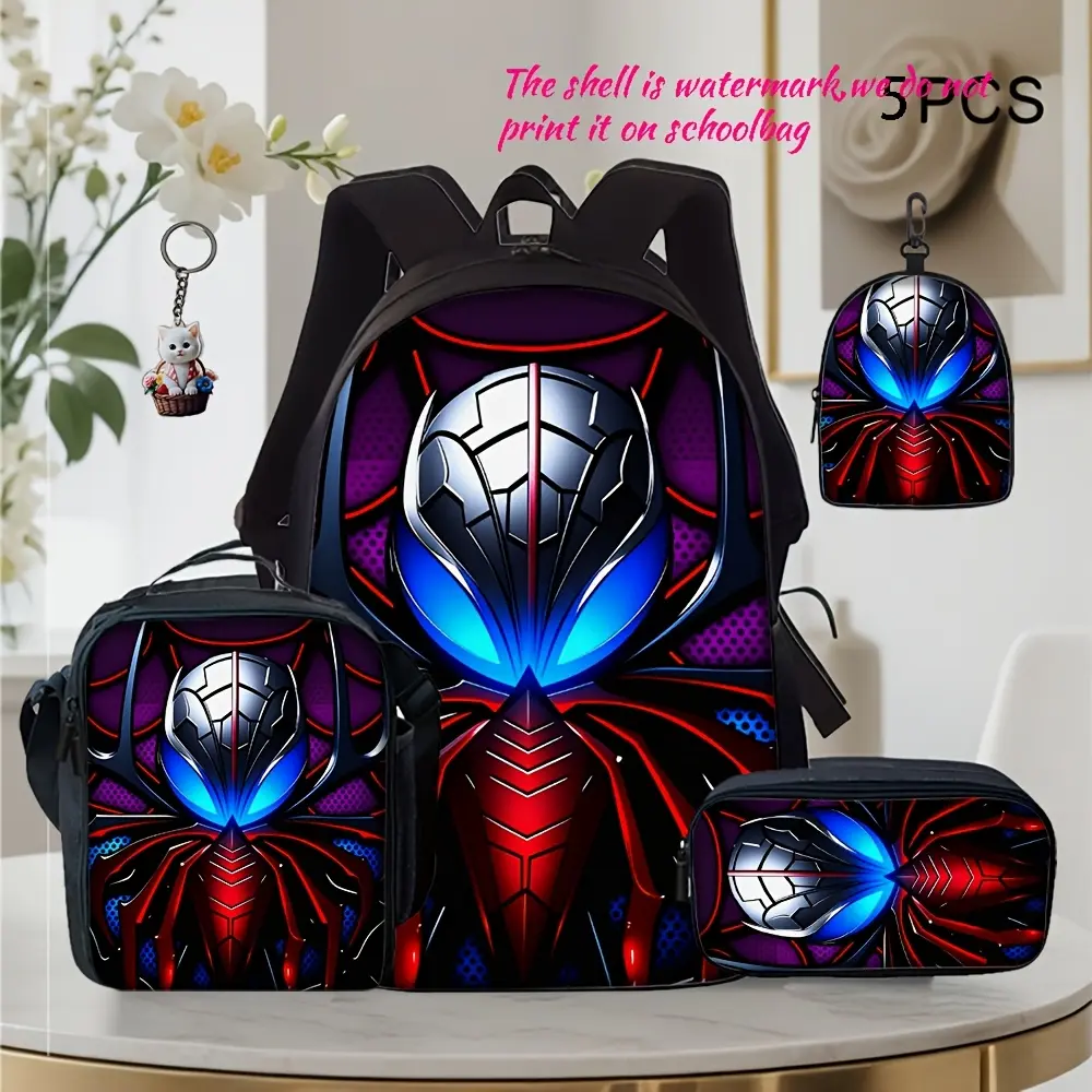 Cyber Mecha  Cool Backpack, Suitable for Teen Boys' Daily School Commutes and Outings, Purple-Blue-Red Tech-Inspired Spider Print, Large Capacity Trendy  Casual Backpack