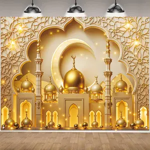 Ramadan Theme Backdrop, 1 Count Exquisite Mosque & Moon Pattern Backdrop, Decorative Banner for Home Party Wedding Festival, Lightweight Setup, Versatile Use