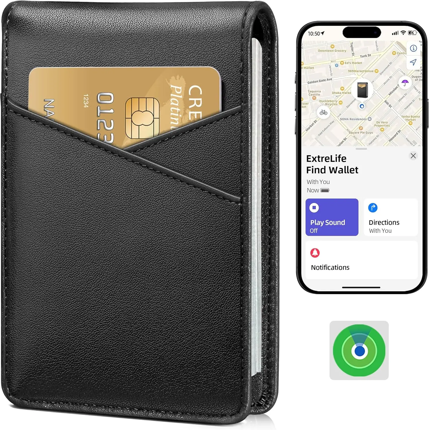 ExtreLife Mens Wallet with Smart Tracker, Genuine Leather Bifold Wallet, Works with Apple Find My, 10 Card Slots, Money Pocket, ID Window, RFID Blocking, GPS Wallet Tracker（only IOS) SummerWins