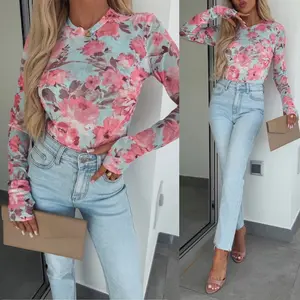 ChicMe Women's Watercolor Floral Print O-neck Long Sleeve Mesh Tee Slim Fit Semi Sheer Layering Top with Thumb Hole Cuffs