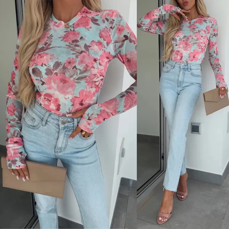 CHICME Women's Watercolor Floral Print O-neck Long Sleeve Mesh Tee Slim Fit Semi Sheer Layering Top with Thumb Hole Cuffs