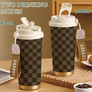 18-ounce insulated coffee mug with handle and lid, double-walled vacuum stainless steel thermos, classic plaid pattern design, leak-proof travel coffee cup, creative gift for birthdays, Christmas, Valentine's Day, and other holidays