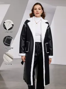 Women's Solid Belted Drop Shoulder Faux Fur Fuzzy Fitted Jacket, Casual Fashionable Outerwear, Casual Long Sleeve Collared Lapel Neckline Coats Outerwear for Fall & Winter, Ladies Clothes for Daily Wear