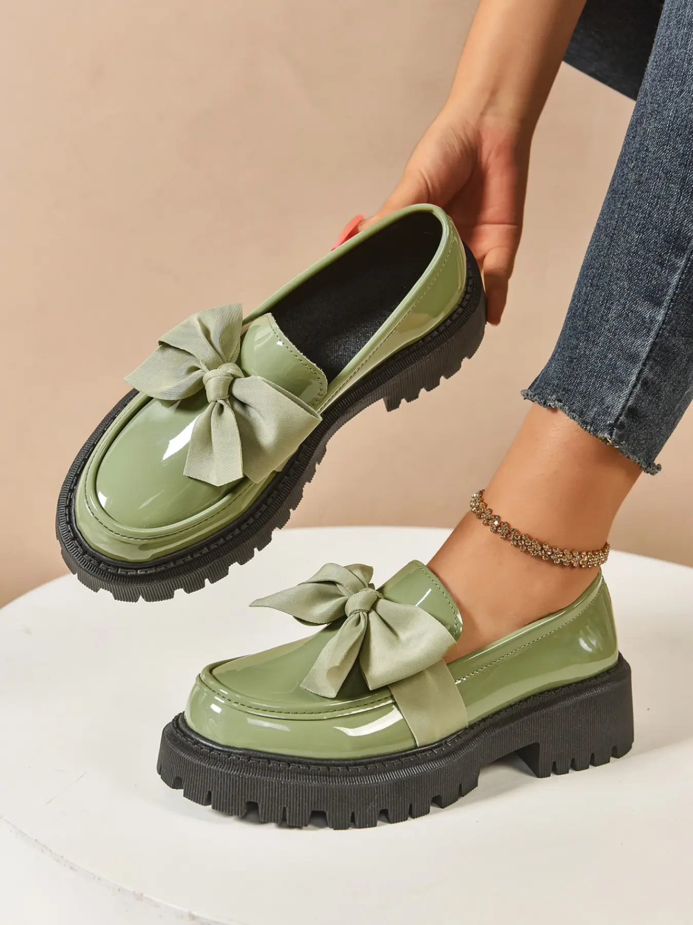 Multicolor Bowknot Thick Sole Round Toe Loafers, Flats, Sweet Cool Jk Uniform Shoes, All Season Versatile Fashion Footwear, PU Upper, Rubber Sole