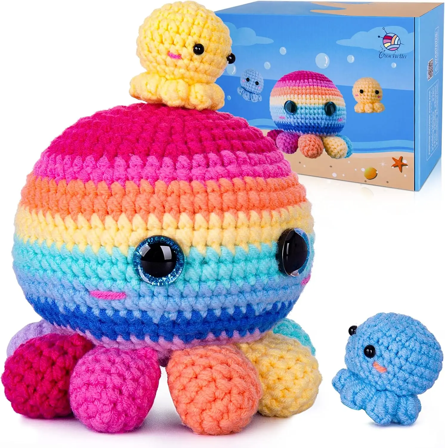 CROCHETTA Complete Crochet Kit for Beginners - Jumbo 3-Color Octopus Amigurumi Starter Kit with Step-by-Step Video Tutorials, Amigurumi Tools
