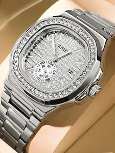 Men's Luxury Business Watch Series, Square Design, Butterfly Buckle Strap, Hollow Out, Calendar Display, Casual Quartz Analog, Square Dial Wristwatch