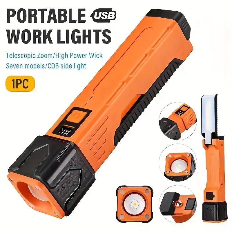 Portable COB Work Light, USB-C Rechargeable Magnetic Foldable Flashlight Adjustable Brightness | Waterproof Multi-Function LED Lamp for Car Repair, Camping, Outdoor & Emergency High Lumens