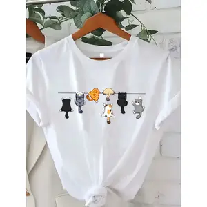 Women's Cute Cat Print Round Neck Short Sleeve Casual T-Shirt White Summer