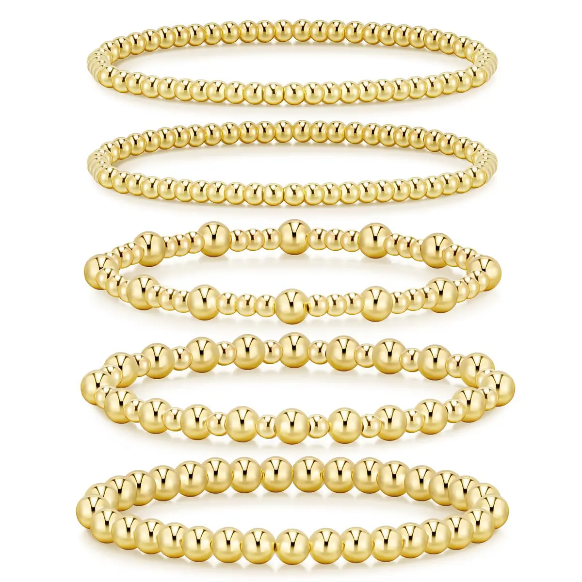Waterproof Gold Bracelet for Women, 14K Gold Plated Beaded Ball Bracelet, Stackable Adjustable Jewelry Set, Great Gift