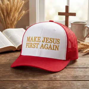 Make Jesus First Again Christian Embroidered Snapback Trucker Hat Custom Thread Color Vintage Soft Cotton Adjustable Cap Trendy Streetwear Gift for Men & Women