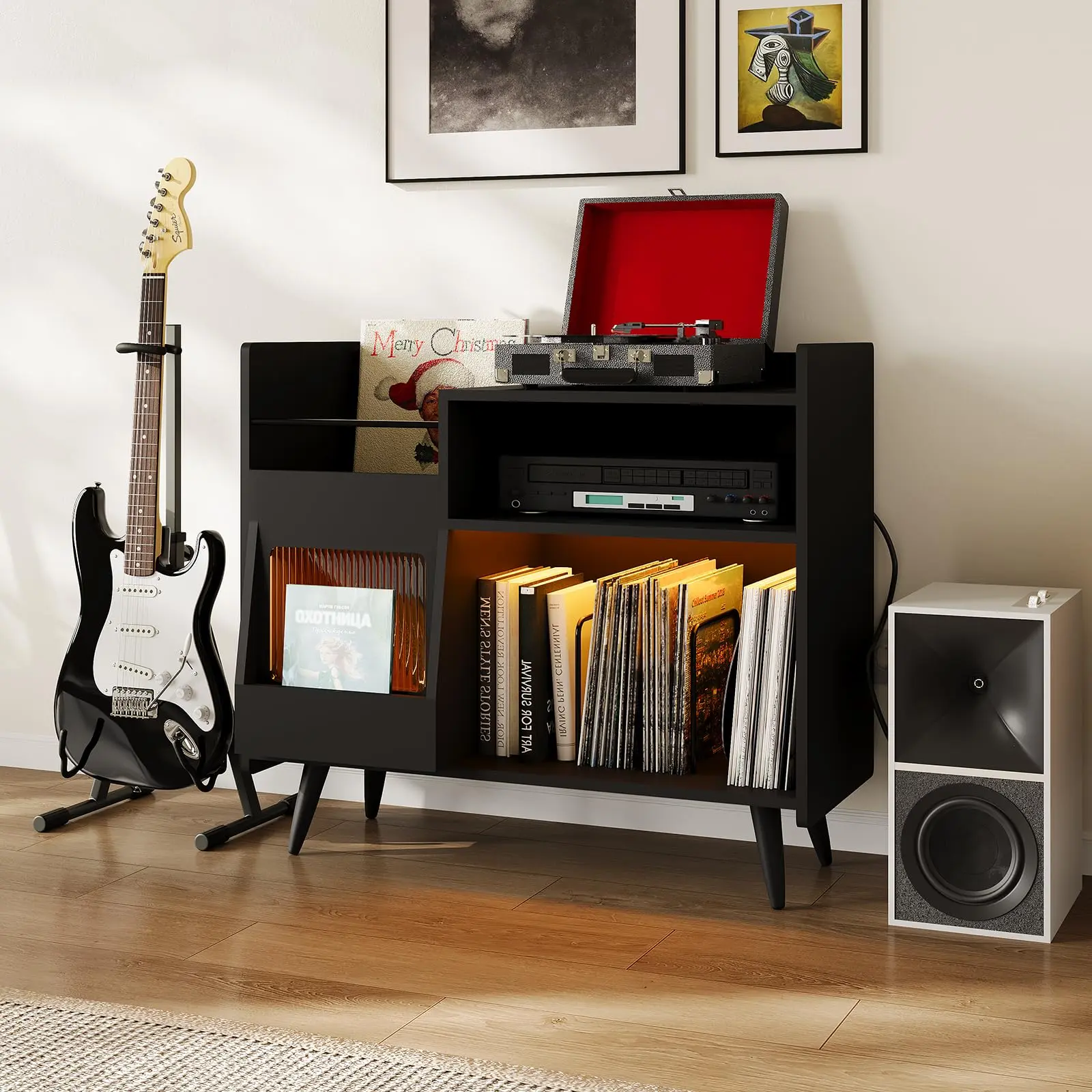 Large Record Player Stand, Vinyl Record Storage Cabinet Turntable Stand with Sliding Door Charging Station and LED Lights for Living Room Home Office, Black