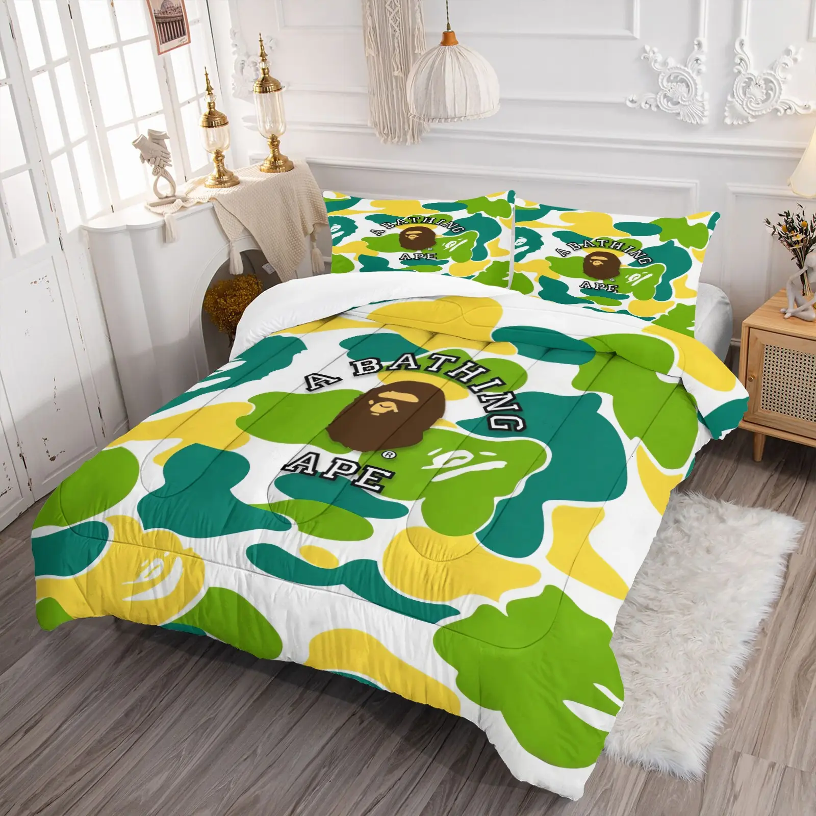 Bape ABC Camo Comforter Set, 1 Comforter and 1-2 Pillowcases Coreless, Classic Brand & Classic Ape Head Logo, Soft Comfortable, Comfy Bedding Set, Street Style Bedroom Decoration, Gift for Streetwear Enthusiast, Camouflage Bedding Set