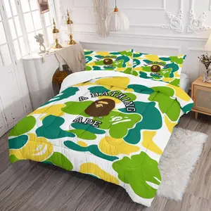 Bape ABC Camo Comforter Set, 1 Comforter and 1-2 Pillowcases Coreless, Classic Brand & Classic Ape Head Logo, Soft Comfortable, Street Style Bedroom Decoration, Gift for Streetwear Enthusiast