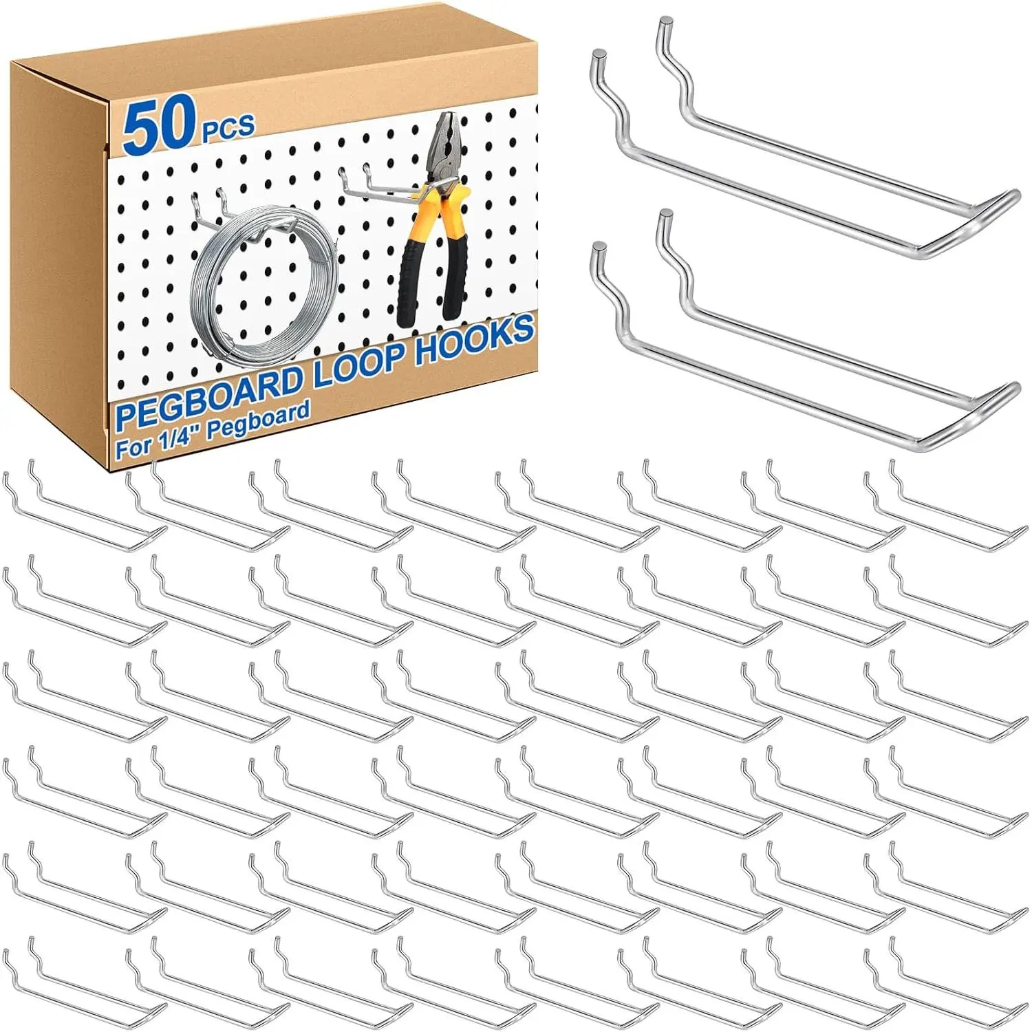 50 Pcs Double Arm Pegboard Hooks Heavy Duty 4.52" Fit 1/4 Pegboard Hole Loop Peg Board Wall Pegs Shelf Hooks for Shelves for Retail Stores Craft Room Garage Workbench