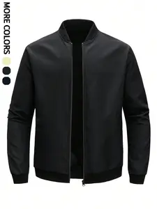 Men's Spring Autumn Thin Fitted Plain Long Sleeve Fashion Jacket, Breathable Baseball Collar Coat, Dual Pockets, Versatile Outerwear for Daily Wear