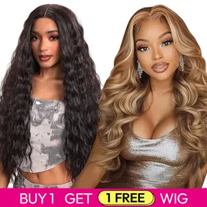 Buy 1 Get 1 Free Lace Front Wig | 180% Density, Transparent Lace, #1B Ocean Wave & #P4/27 Body Wave, Blended Human Hair