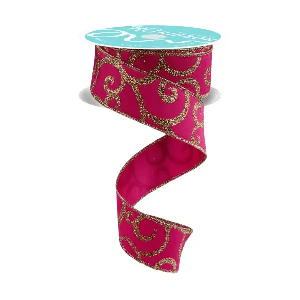 1.5" x 10yd Glitter Swirl Satin Ribbon – Hot Pink/Gold