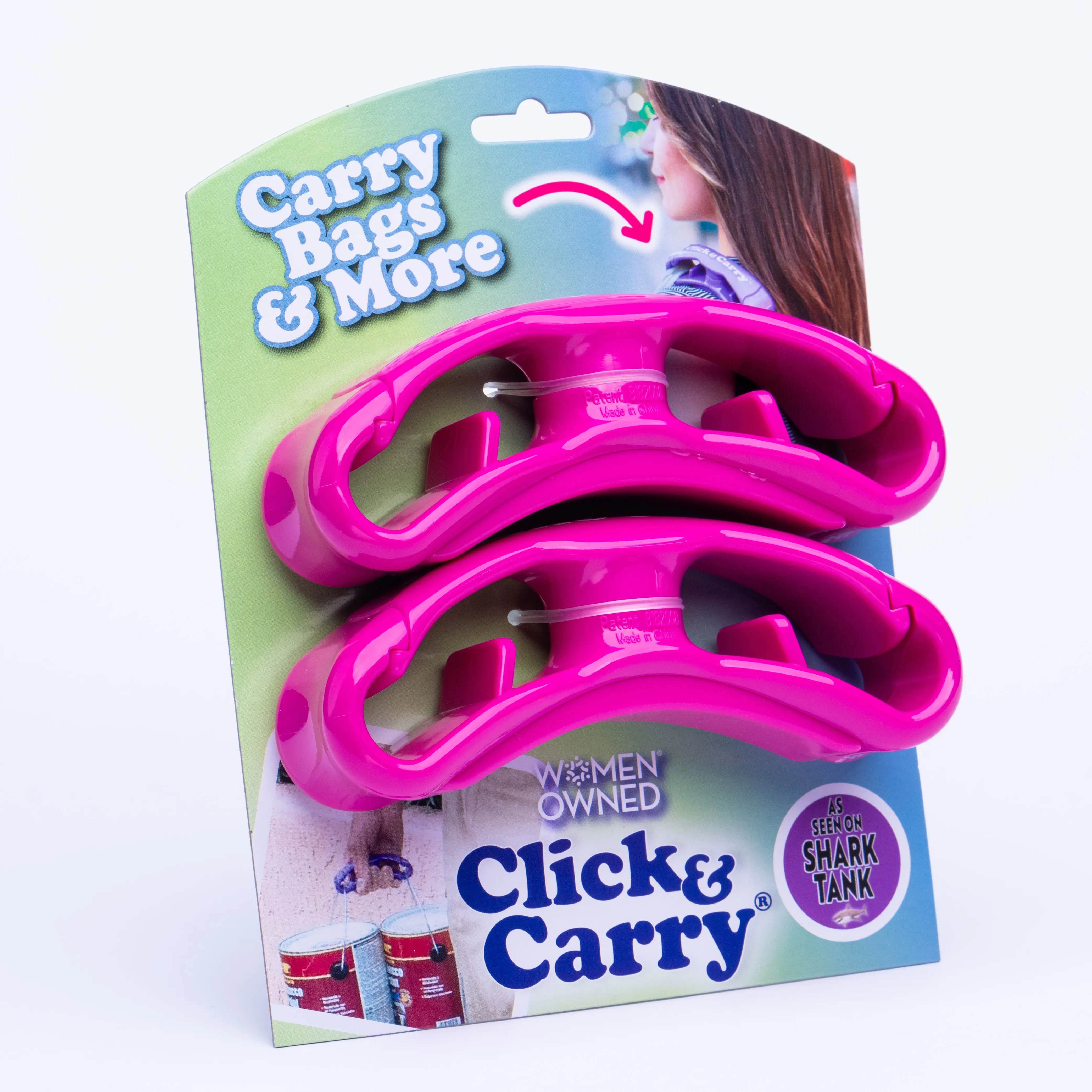 Click & Carry Grocery Bag Carrier, 2 Pack, Pink - As seen on Shark Tank, Soft Cushion Grip, Hands Free Grocery Bag Carrier, Plastic Bag Holder, Haul Sports Gear, Click and Carry with Ease Plastic