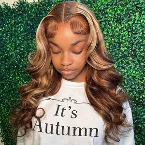 Ombre Lace Front Wig Human Hair Highlight Body Wave Lace Front Wigs Human Hair 180 Density Glueless Honey Blond Human Hair Wigs Pre Plucked 13x4 HD Transparent Lace Frontal Wig 4/27 Colored Human Hair Wigs for Women