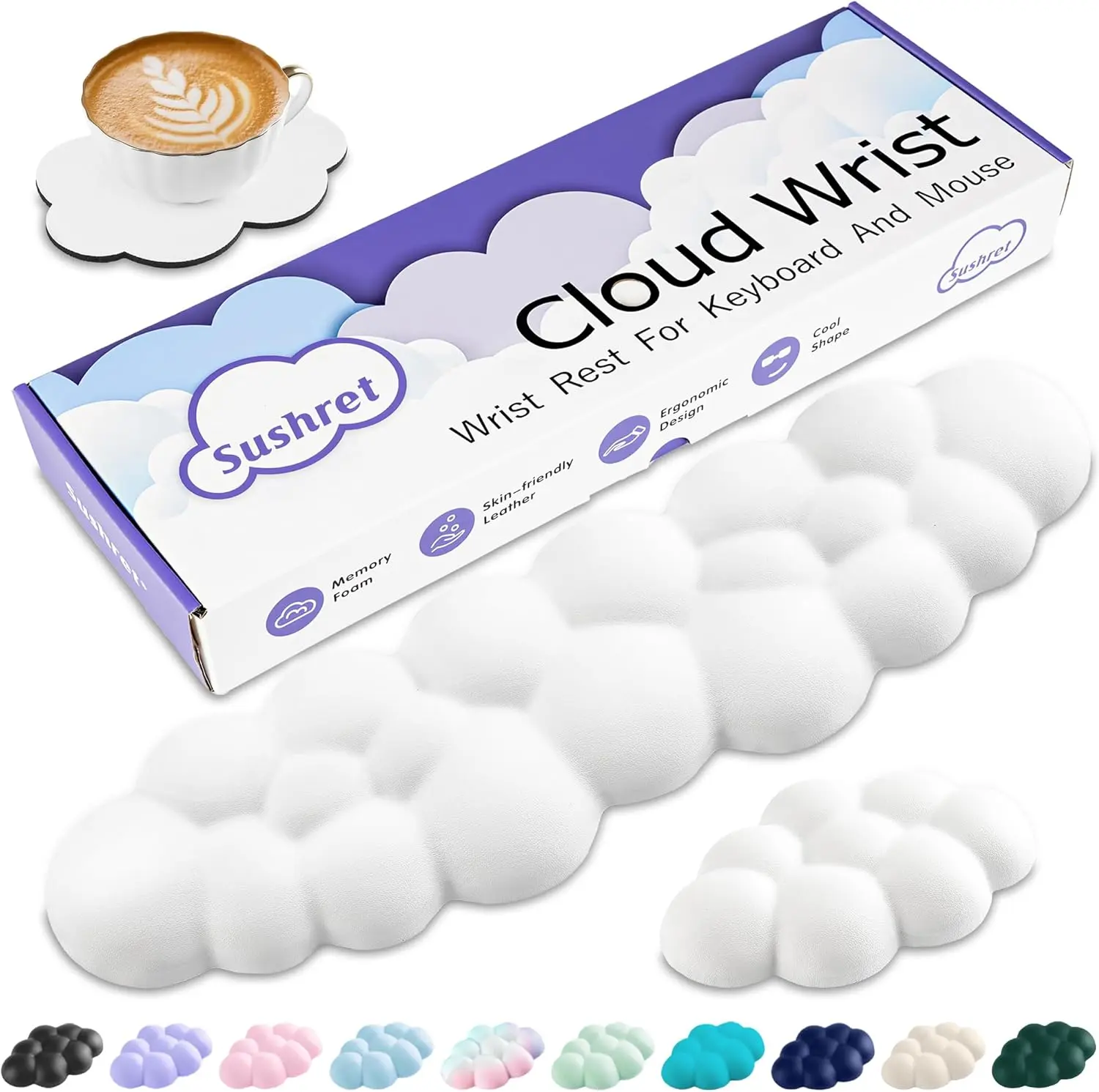 Cloud Wrist Rest Keyboard, Cloud Keyboard Wrist Pad Set with PU Leather Memory Foam, Cute Arm Rest for Palm Support, Pc/Gaming Desk Accessories/Office Setup/Computer Hand Cushion - White Sushret