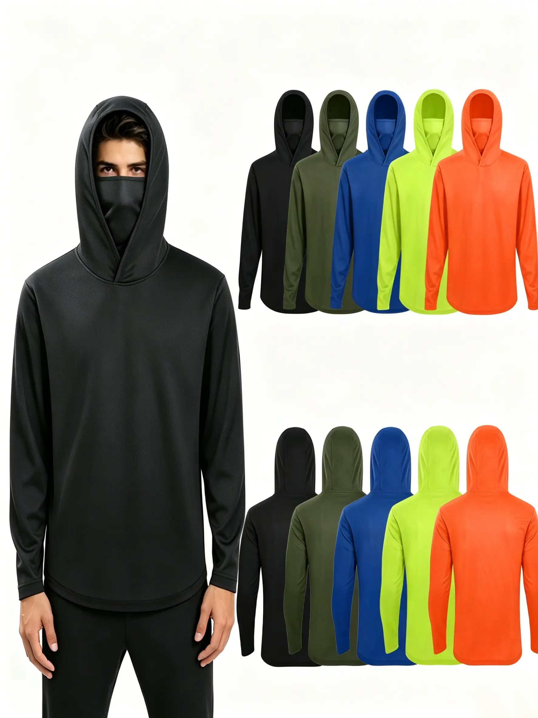 Men's UPF 50+ Sun Protection Hoodie with Built-in Face Mask - Quick Dry, Breathable Long Sleeve Casual Top for All Seasons, Fishing, Field Work