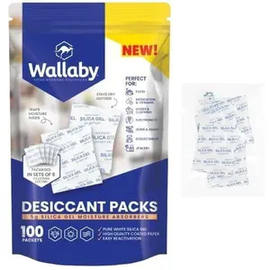 Wallaby 5 gram Silica Gel Desiccant Dehumidifier Packs (100 Packets) Food Safe Pure White - Rechargeable Moisture Absorbers