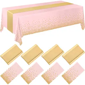 8 Pack Pink and Gold Disposable Plastic Tablecloths and Satin Table Runner Set, 54 x 108 Inch Tablecloth, 12 x 108 Inch Table Runners for Wedding Graduation Birthday Baby Shower