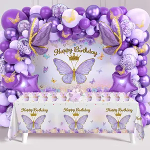 Birthday Party Decoration Balloon Tablecloth Backdrop Set, Contains 4 Different Themes: Pink Prurple Butterfly Balloon, Jungle Safari Decoration, Unicorn Mermaid Decor Garland Arch Kit for Party Celebration Baby shower Father's Day Gift