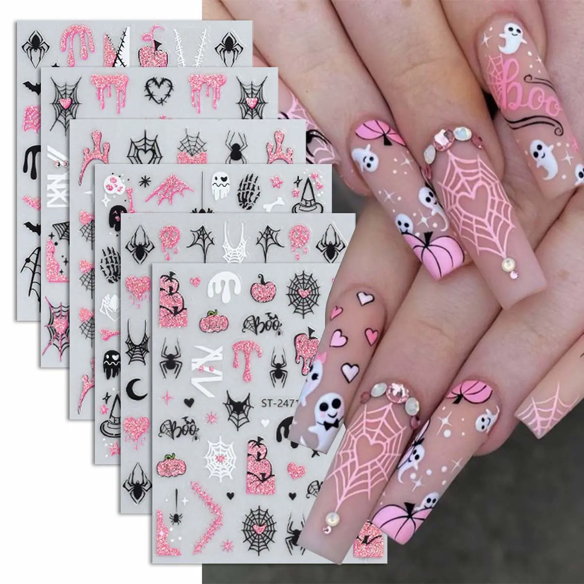 6pcs Halloween Nail Stickers Set, Pumpkin Spider Web Skull Bat Designs, Medium Nail Fit, DIY Self-Adhesive Nail Art Sheet, Nail Art Supplies, Nail Decoration Supplies for Women Girls Holiday Gift, DIY Nails Art