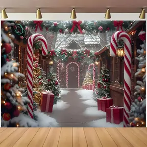 1pc 2D Flat Estive Christmas Backdrop - Ft/ft Polyester Banner with Town, Tree, Gift Box & Candy Cane Design for Holiday Parties and Family Photoshoots